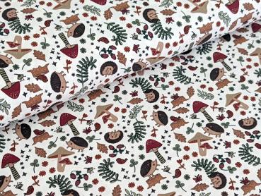 Reststück Baumwolljersey Igel im Herbstwald Pilze Weiß 75 x 150 cm